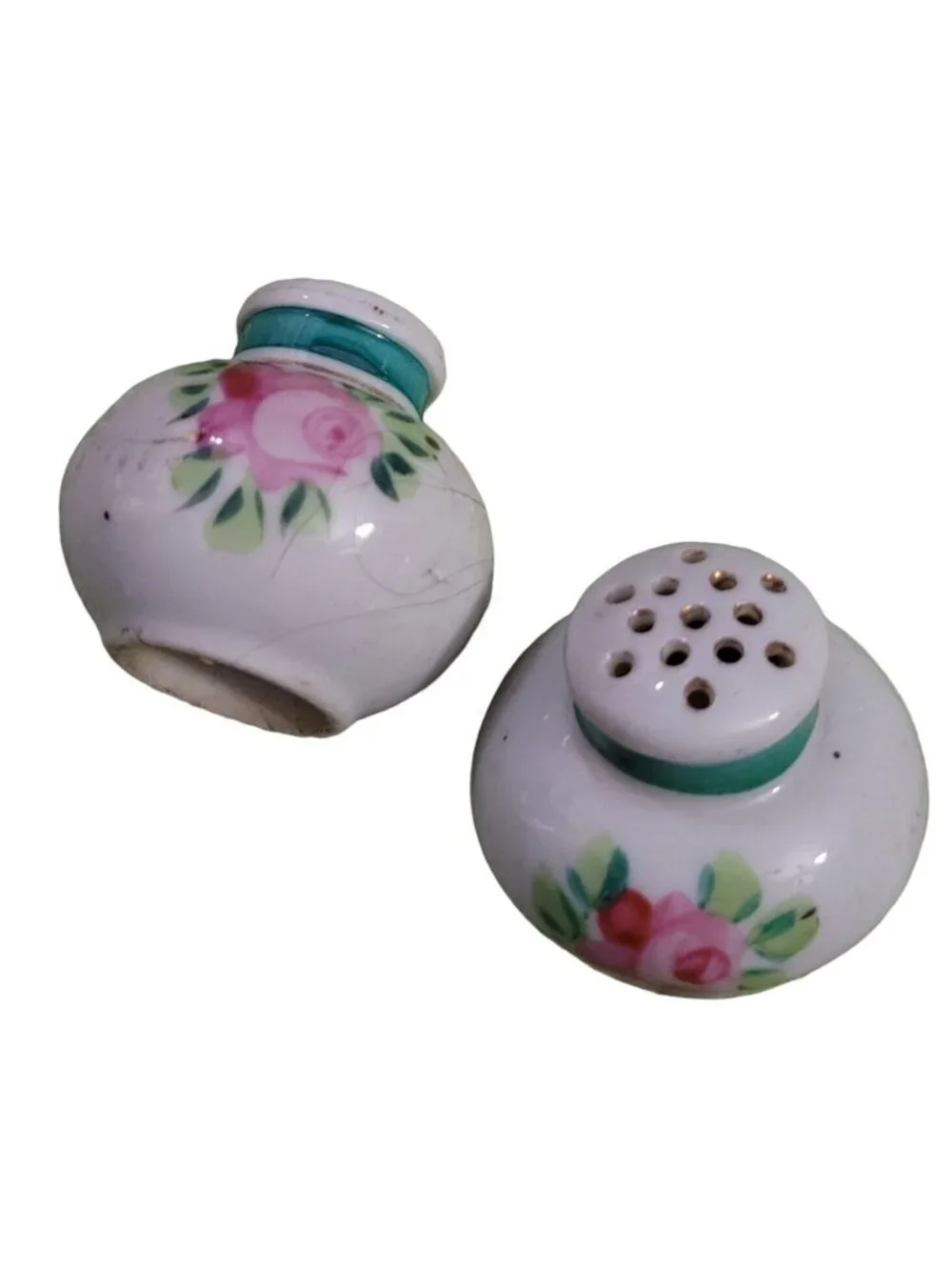Porcelain Salt Pepper Shakers White Red Pink Roses Green Neck Banding Corks Vtg